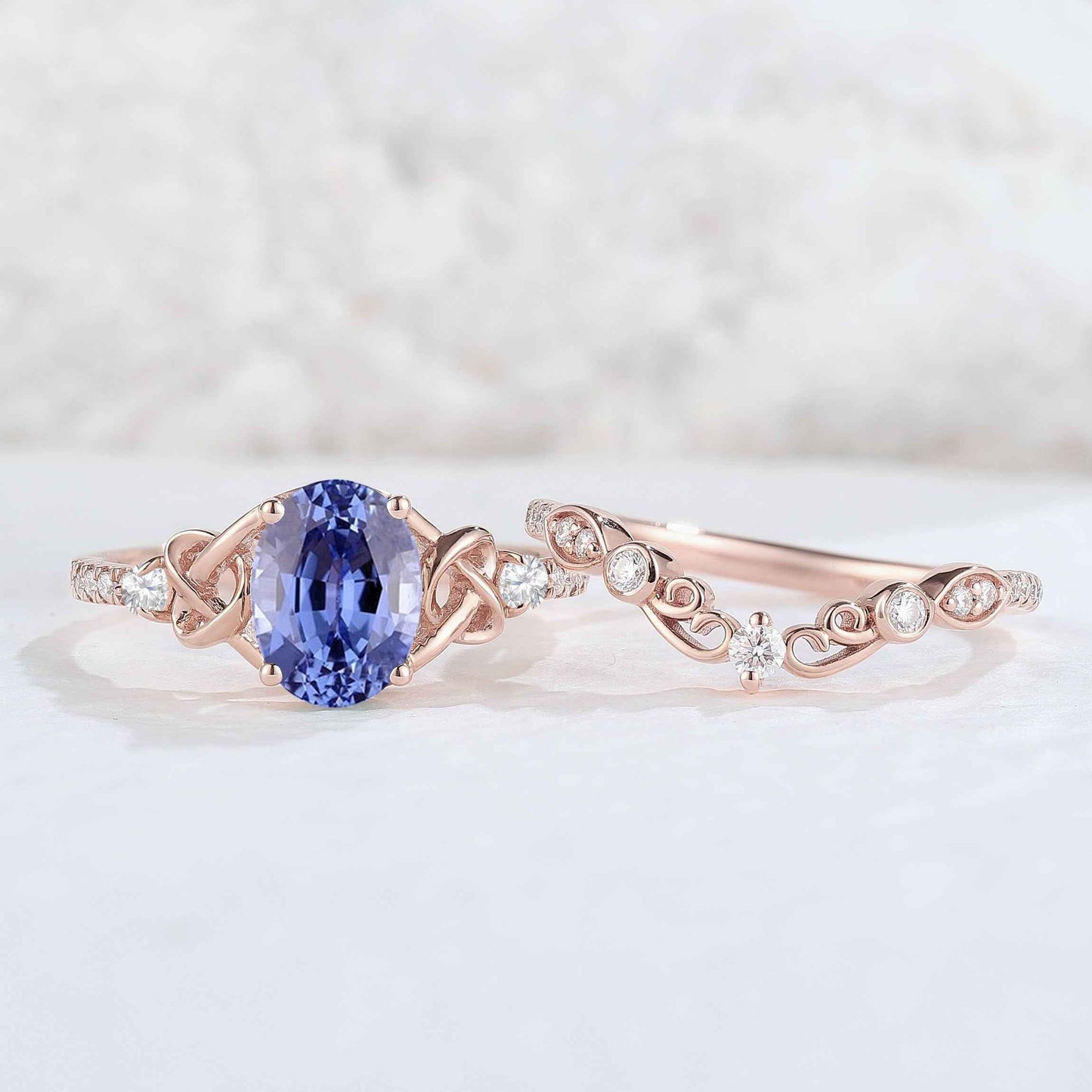 Nature Oval Shaped Cornflower Sapphire Vine Gemstone Ring Set 2pcs
