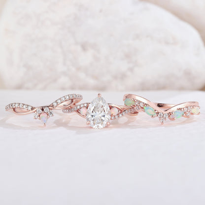 Nature Pear Shaped Moissanite Vine Handmade Ring Set 3pcs