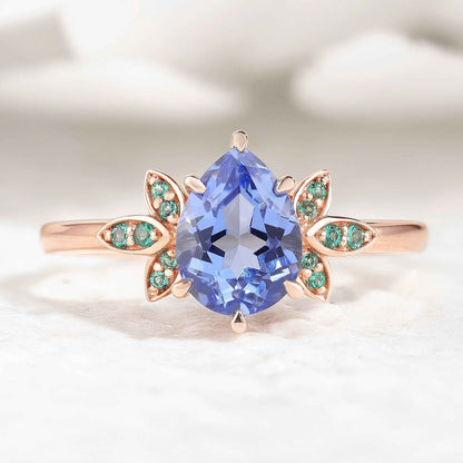 Unique Teardrop Sapphire Engagement Ring Emerald Cluster
