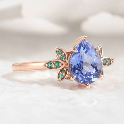 Unique Teardrop Sapphire Engagement Ring Emerald Cluster