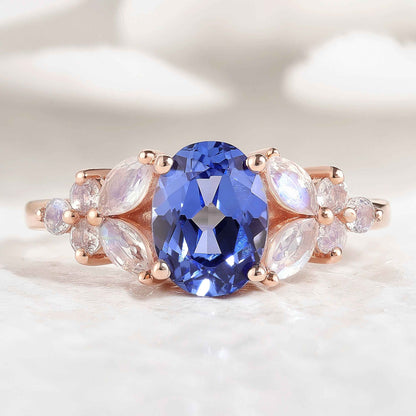 Unique Design Oval Cut Blue Sapphire Engagement Ring Butterfly Moissanite Cluster