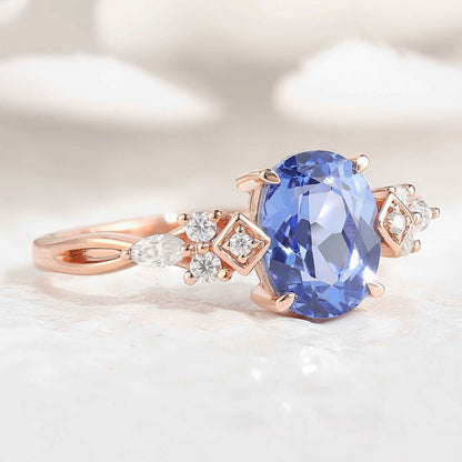 Art Deco Oval Cut Cornflower Sapphire Engagement Ring Rose Gold