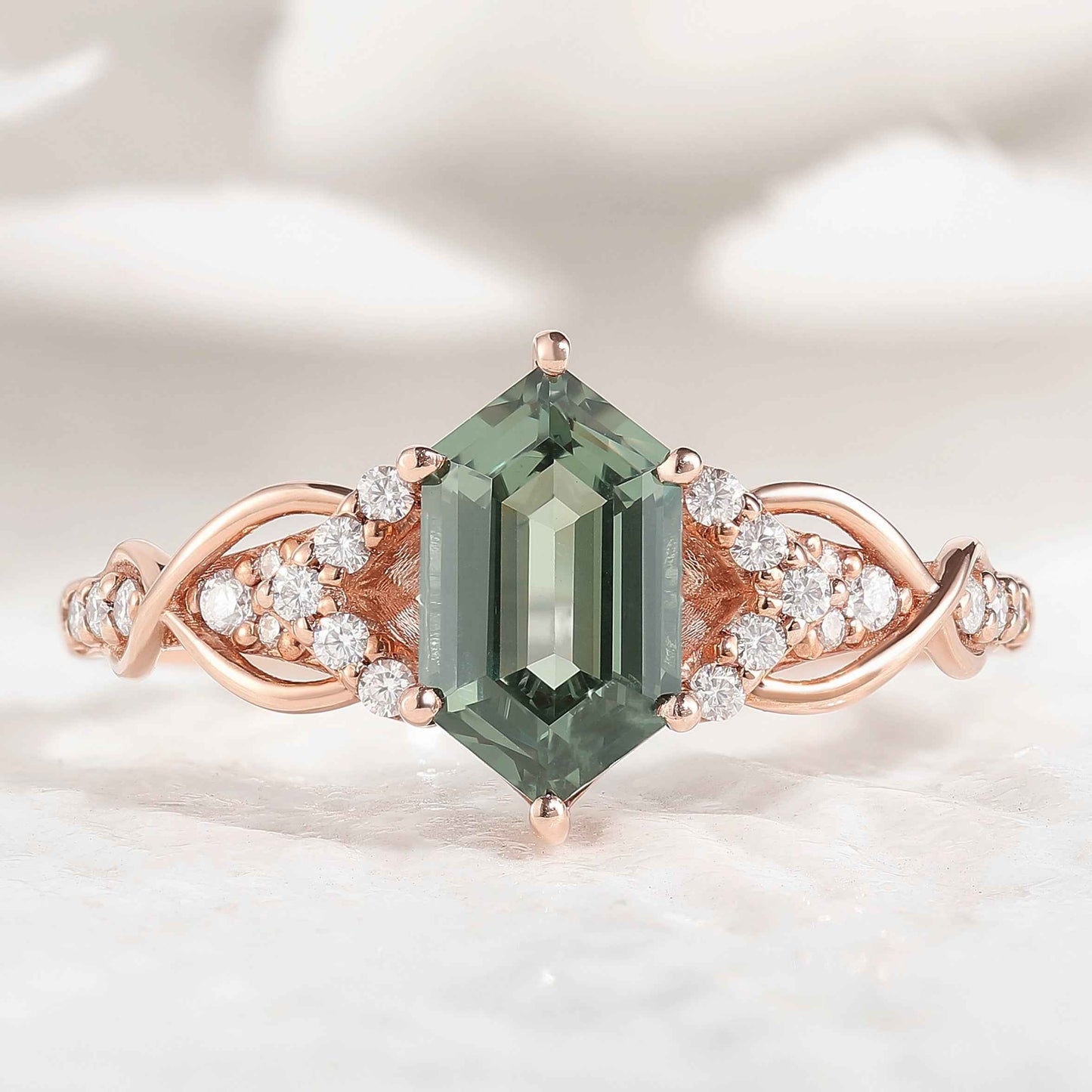 Long Hexagon Green Sapphire Engagement Ring Twisted Design Moissanite Cluster