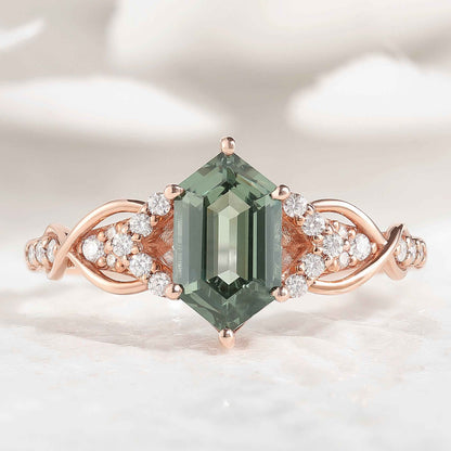 Long Hexagon Green Sapphire Engagement Ring Twisted Design Moissanite Cluster