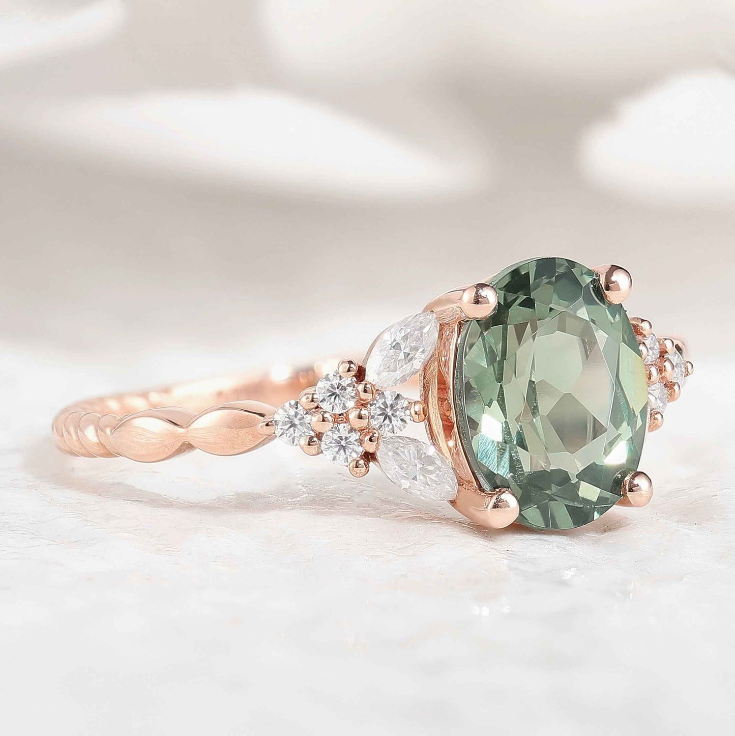 Gold Oval Cut Green Sapphire Engagement Ring