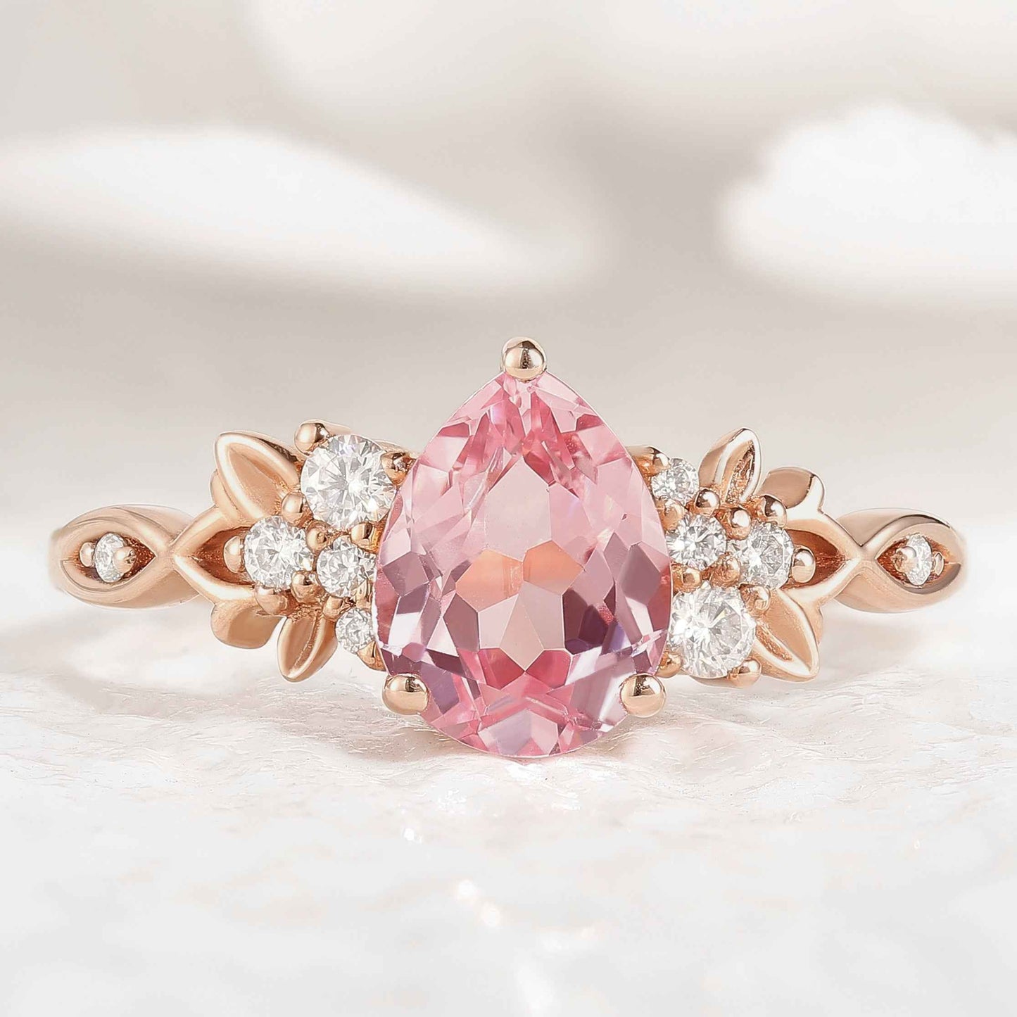 Natural Inspired Leaf Ring Pear Cut Padparadscha Engagement Ring