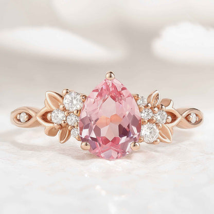 Natural Inspired Leaf Ring Pear Cut Padparadscha Engagement Ring