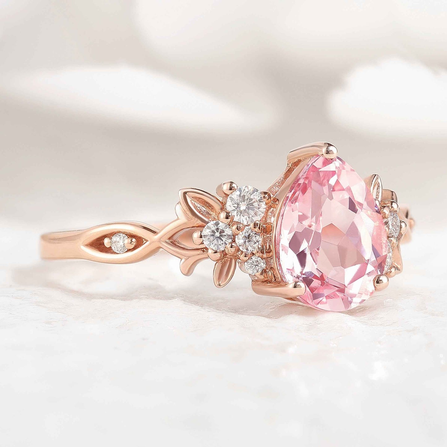 Natural Inspired Leaf Ring Pear Cut Padparadscha Engagement Ring