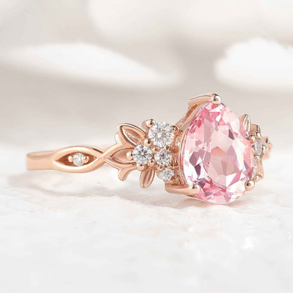 Natural Inspired Leaf Ring Pear Cut Padparadscha Engagement Ring