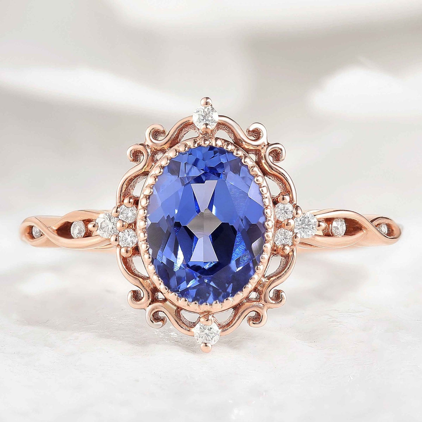 Vintage Oval Cut Lab Cornflower Sapphire Engagement Ring