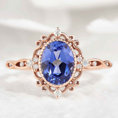 Vintage Oval Cut Lab Cornflower Sapphire Engagement Ring