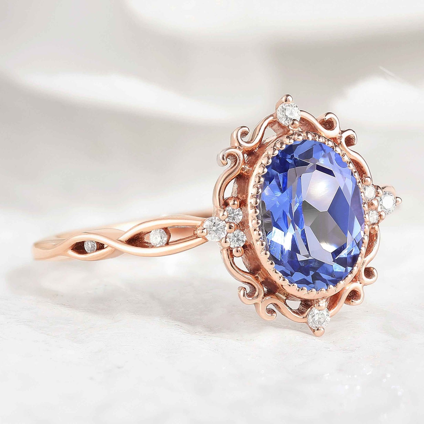 Vintage Oval Cut Lab Cornflower Sapphire Engagement Ring