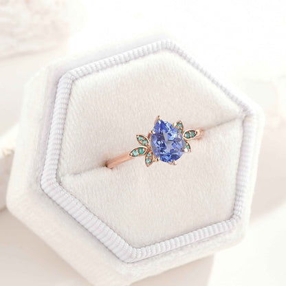 Unique Teardrop Sapphire Engagement Ring Emerald Cluster