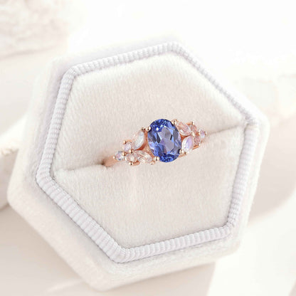 Unique Design Oval Cut Blue Sapphire Engagement Ring Butterfly Moissanite Cluster