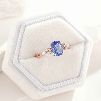 Art Deco Oval Cut Cornflower Sapphire Engagement Ring Rose Gold