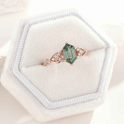 Long Hexagon Green Sapphire Engagement Ring Twisted Design Moissanite Cluster