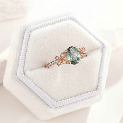 Unique Design Moissanite Cluster Butterfly Green Sapphire Ring