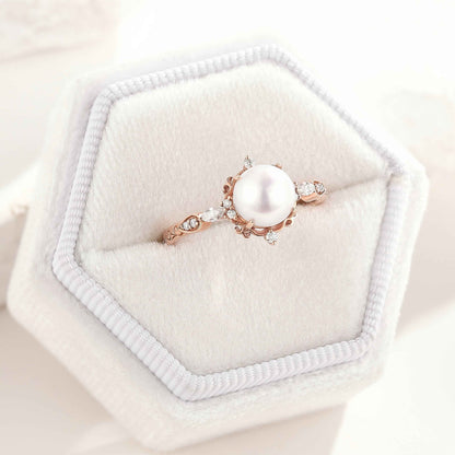 Vintage Natural Akoya Pearl Engagement Ring Moissanite Cluster Ring
