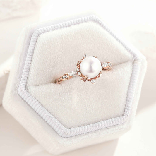 Vintage Natural Akoya Pearl Engagement Ring Moissanite Cluster Ring