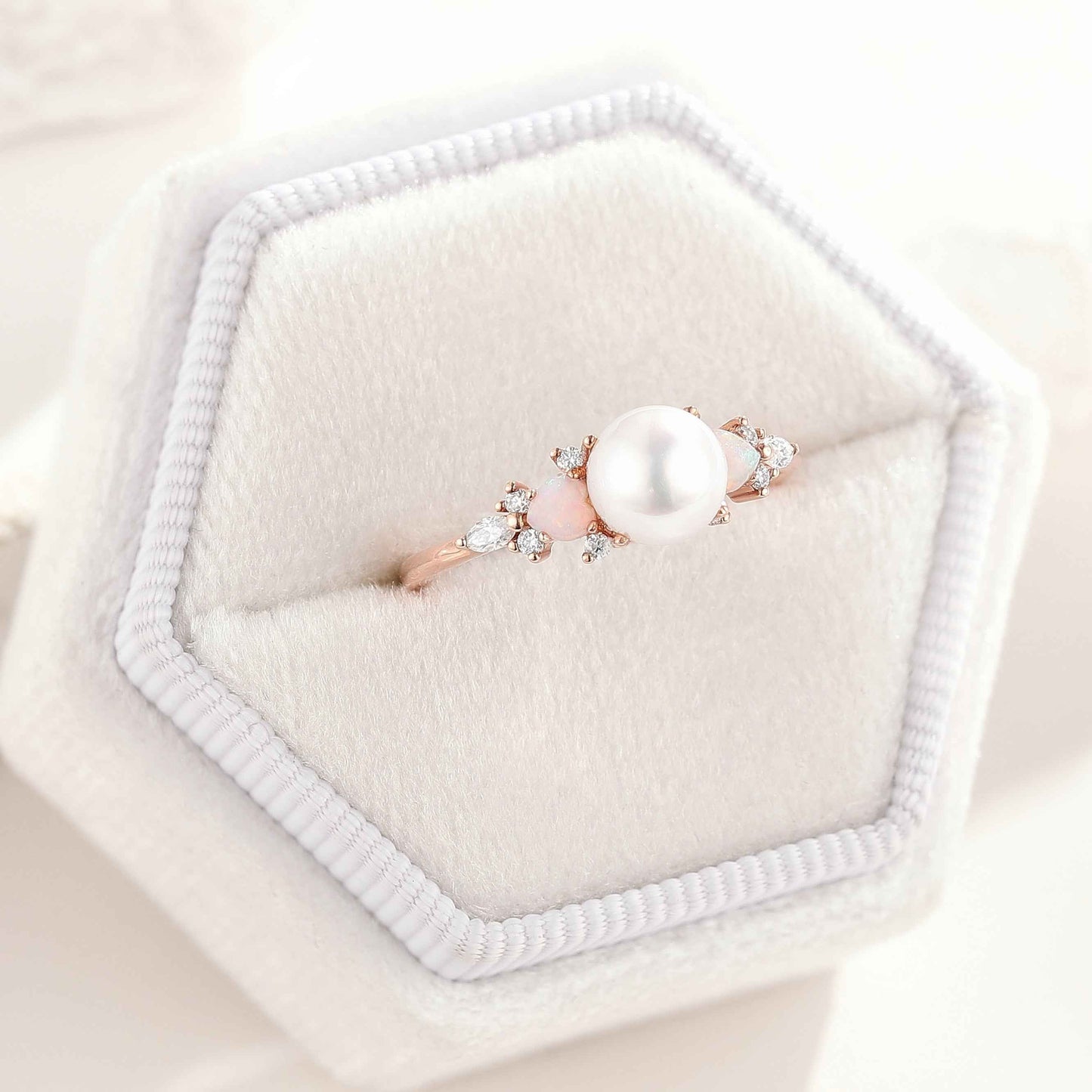 Akoya Pearl Engagement Ring Heart Shaped Opal Moissanite Cluster