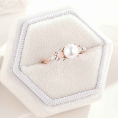Akoya Pearl Engagement Ring Heart Shaped Opal Moissanite Cluster