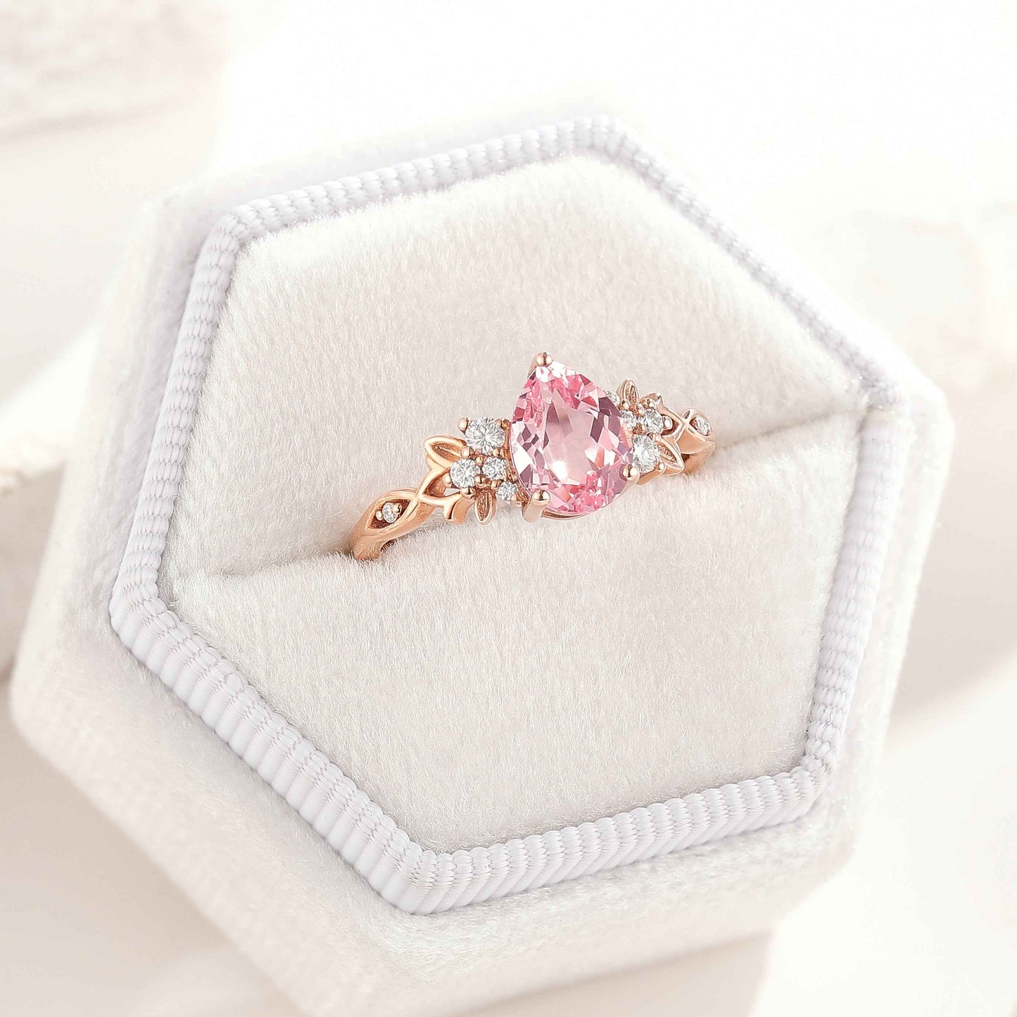 Natural Inspired Leaf Ring Pear Cut Padparadscha Engagement Ring