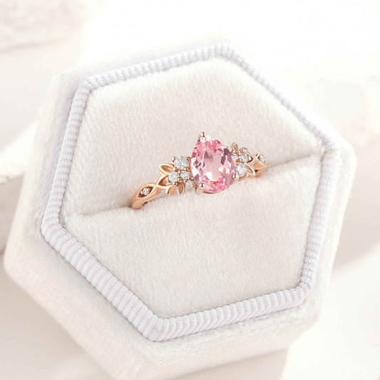 Natural Inspired Leaf Ring Pear Cut Padparadscha Engagement Ring