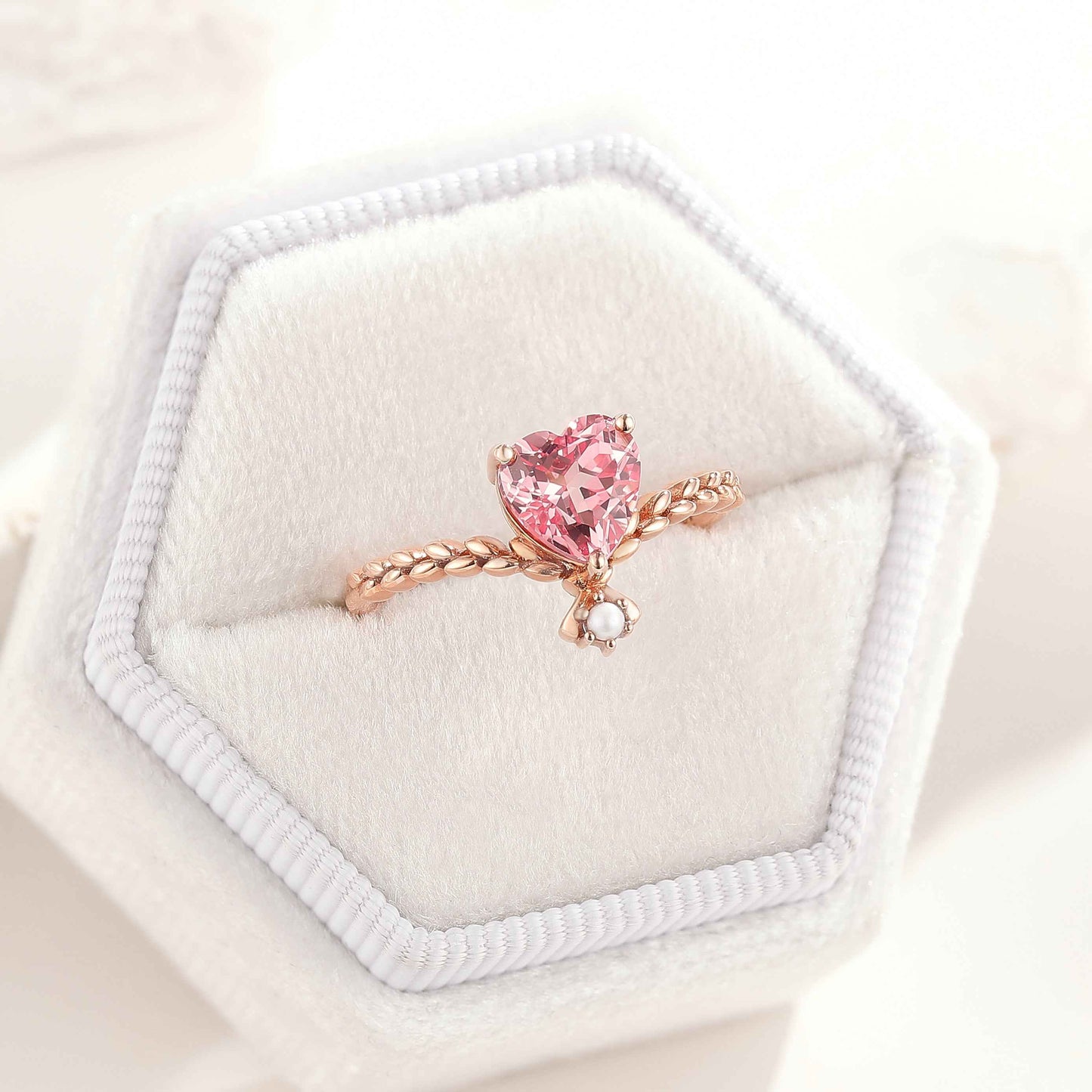 Unique Heart Shaped Pink Sapphire Engagement Ring Pearl Twist Ring