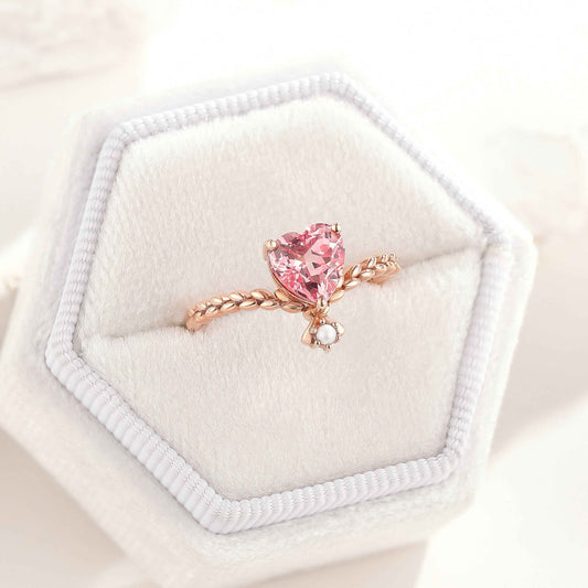 Unique Heart Shaped Pink Sapphire Engagement Ring Pearl Twist Ring