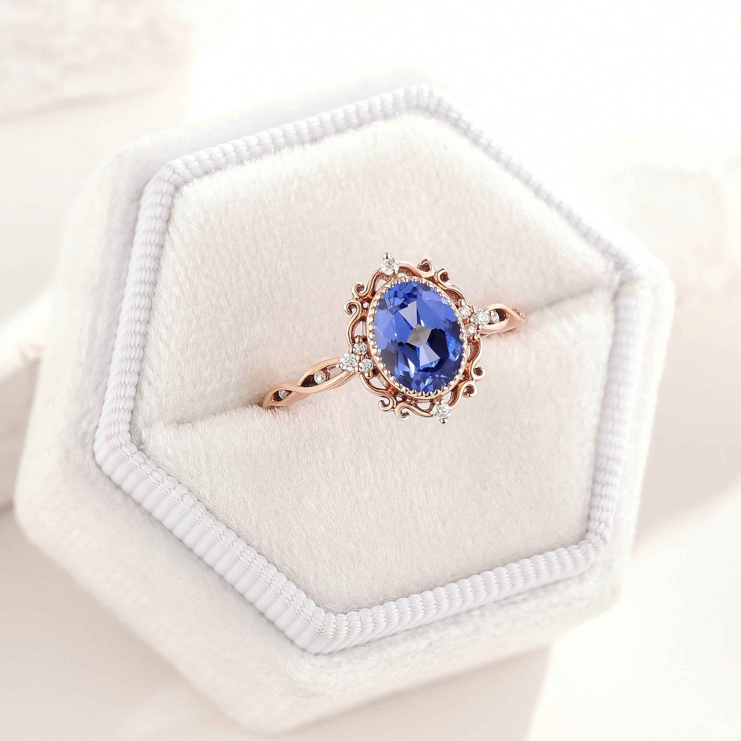 Vintage Oval Cut Lab Cornflower Sapphire Engagement Ring
