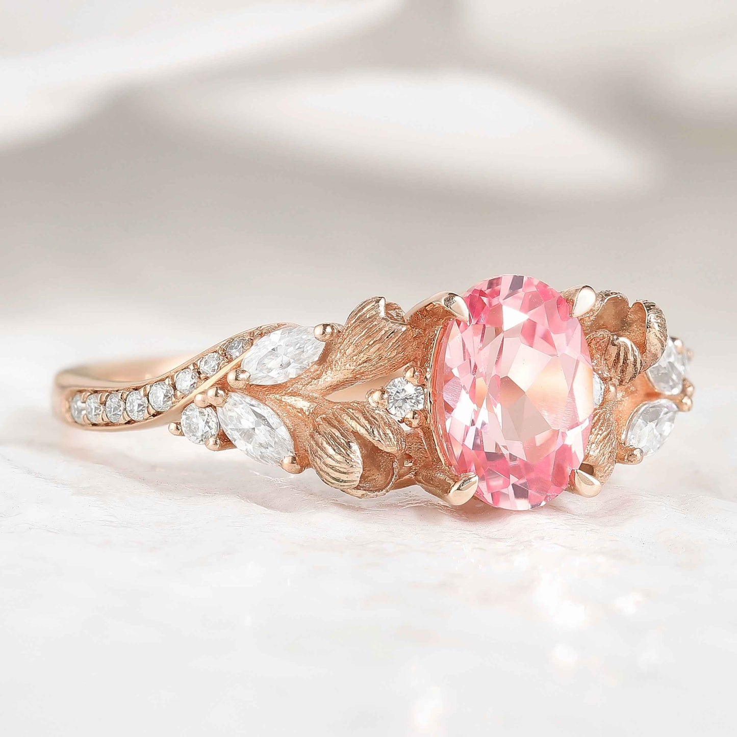 Nature Inspired Oval Cut Ring Pink Sapphire Floral Engagement Rings