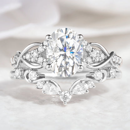 Oval Cut Moissanite Engagement Ring Curved Wedding Band 2pcs