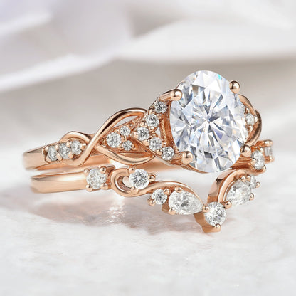 Oval Cut Moissanite Engagement Ring Curved Wedding Band 2pcs