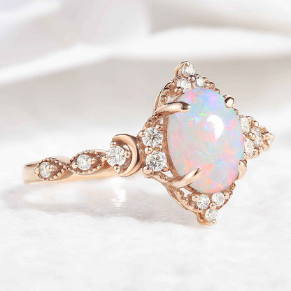 Unique Oval Opal Engagement Ring Moon Ring Rose Gold