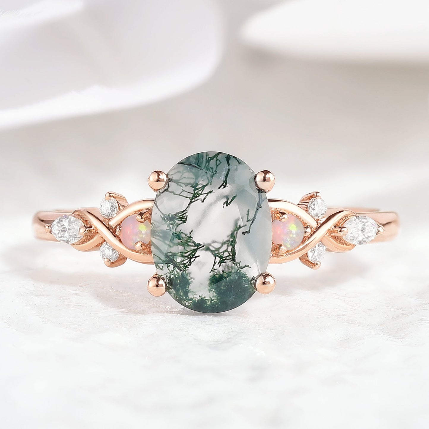 Nature Inspired Oval Cut Moss Agate Engagement Ring Opal Cluster
