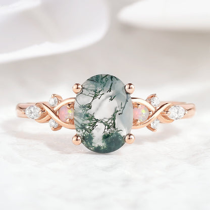 Nature Inspired Oval Cut Moss Agate Engagement Ring Opal Cluster