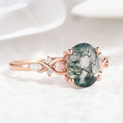 Nature Inspired Oval Cut Moss Agate Engagement Ring Opal Cluster