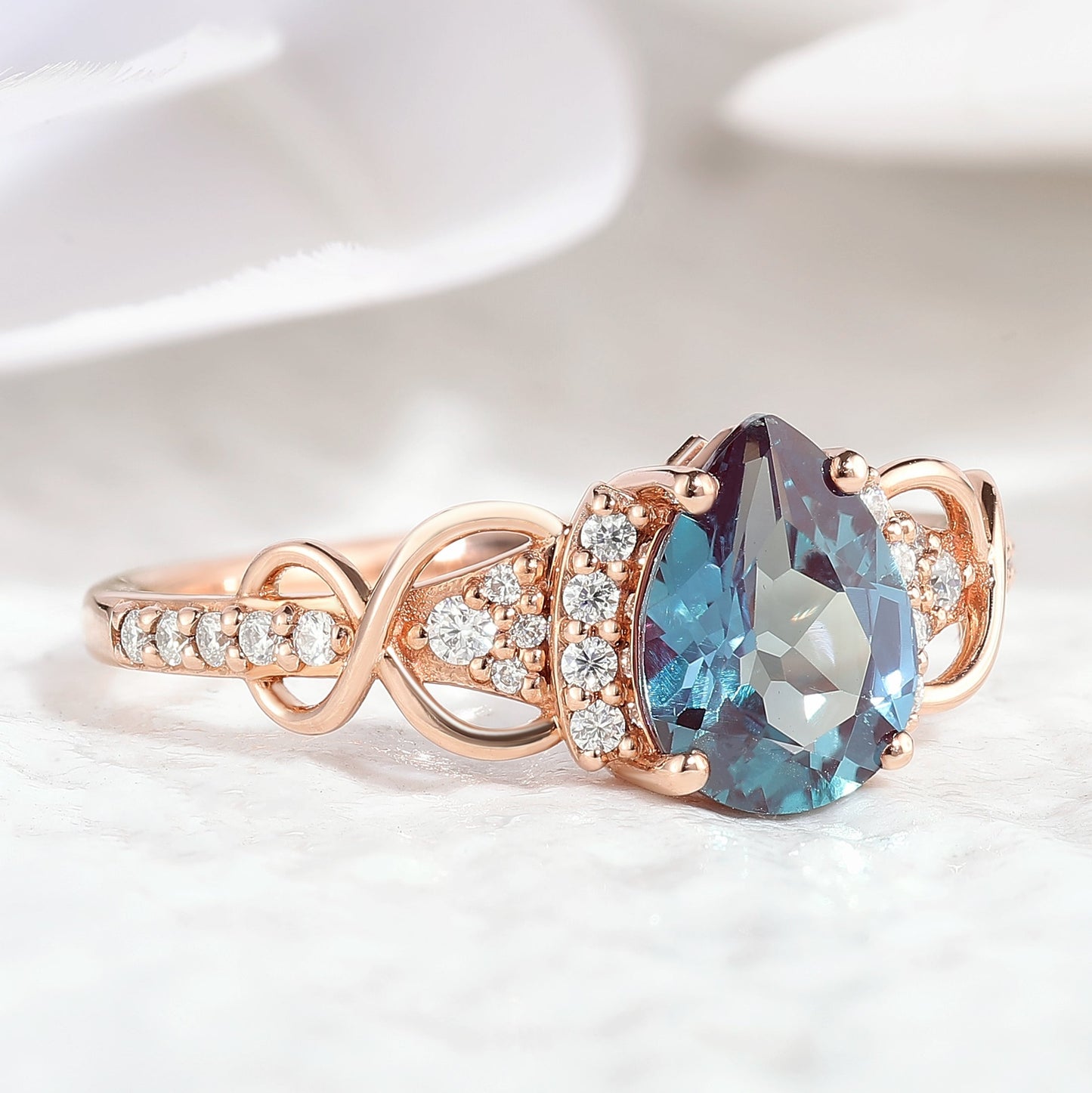 Pear Cut Alexandrite Engagement Ring Moissanite Cluster Rose Gold Ring