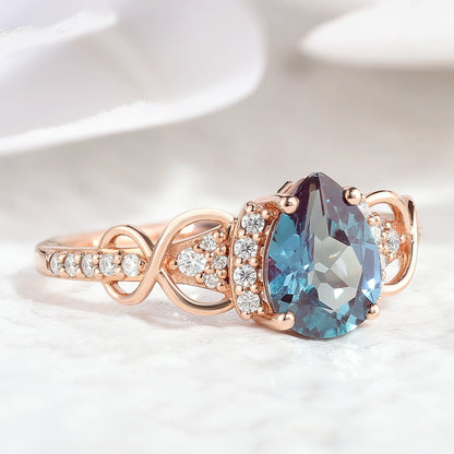 Pear Cut Alexandrite Engagement Ring Moissanite Cluster Rose Gold Ring