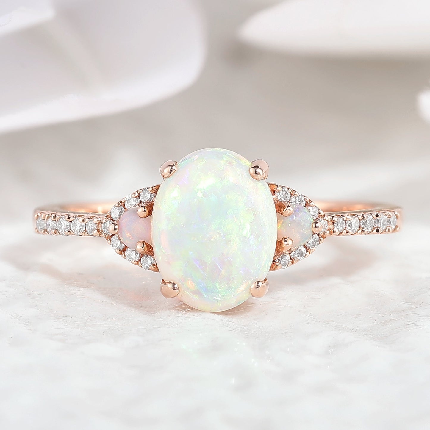 Natural Opal Oval Cut Engagement Ring with Side Stones in 14K Rose Gold