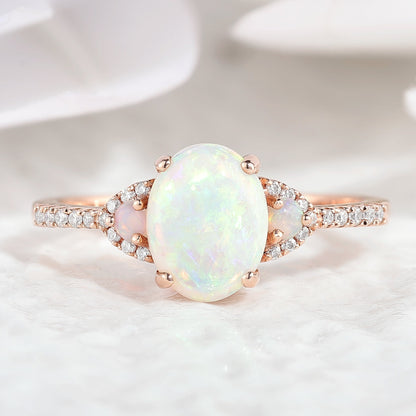 Natural Opal Oval Cut Engagement Ring with Side Stones in 14K Rose Gold