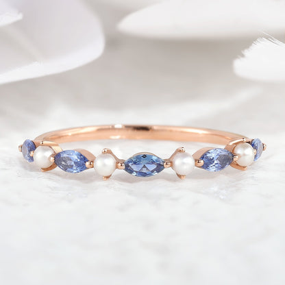 Marquise Cut Cornflower Sapphire Pearl Straight Wedding Band