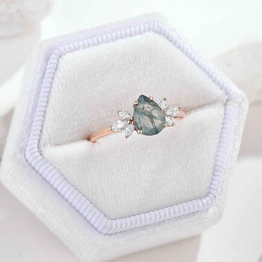 Unique Pear Cut Moss Agate Engagement Ring For Women