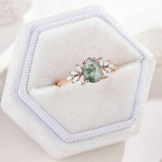 Unique Moss Agate Engagement Ring Marquise Moissanite Cluster Wedding Ring