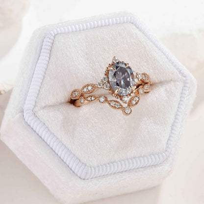 Oval Black Moissanite Engagement Ring Set Chevron Moissanite Wedding Band