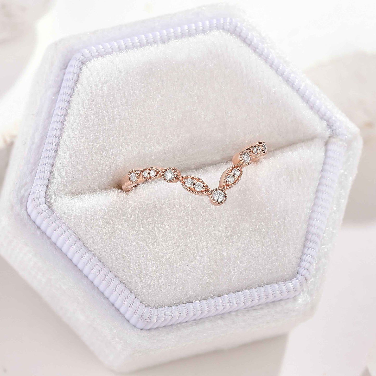 Vintage Moissanite Chevron Wedding Band Rose Gold