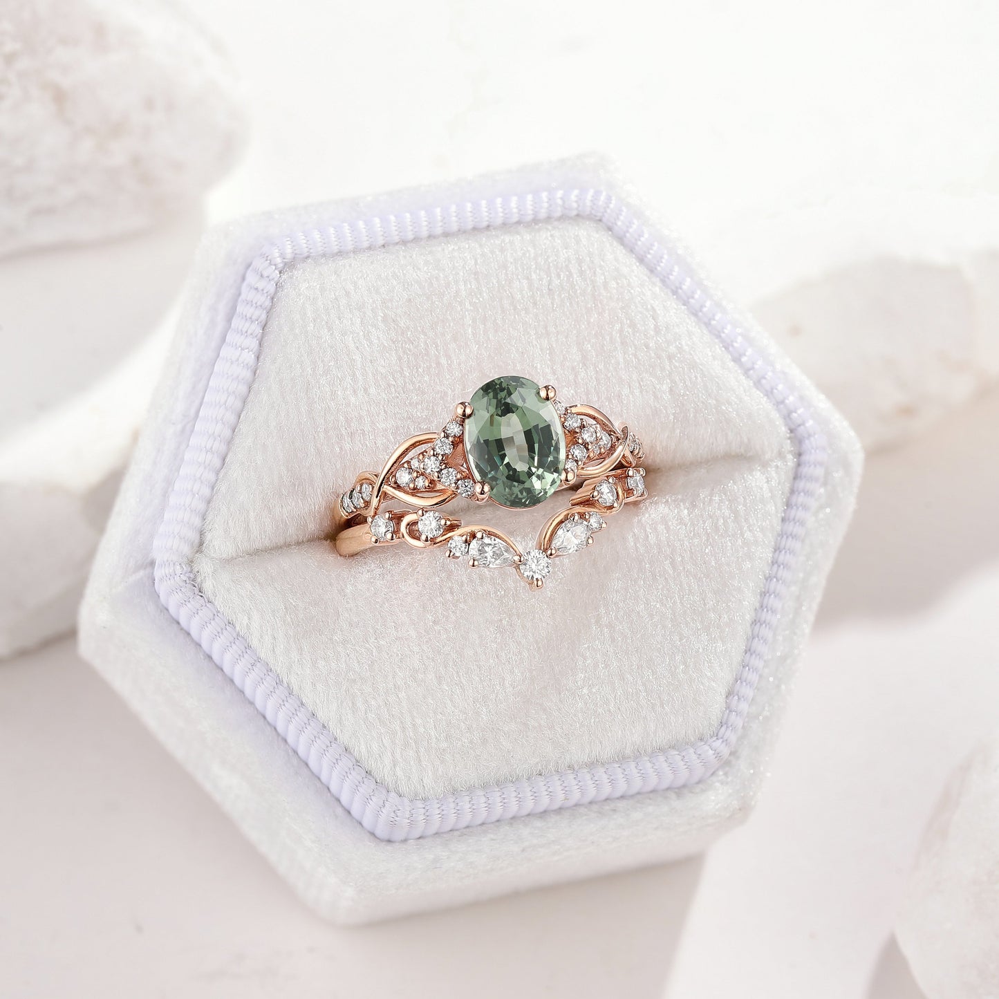 Oval Green Sapphire Engagement Ring V Shaped Wedding Band 2pcs