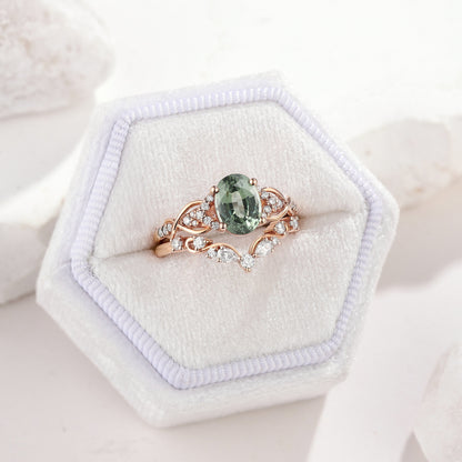 Oval Green Sapphire Engagement Ring V Shaped Wedding Band 2pcs