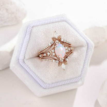 Opal Engagement Ring Nature Inspired Leaf Enhancer Wedding Band 2pcs