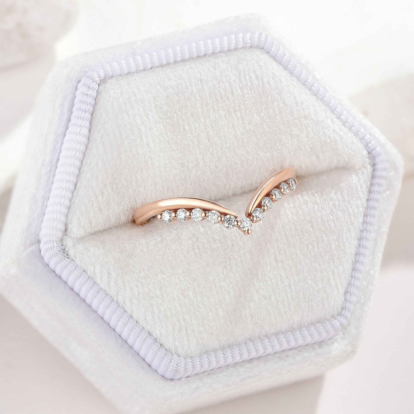 Minimalist Moissanite Wedding Band Chevron Shape Rose Gold Ring